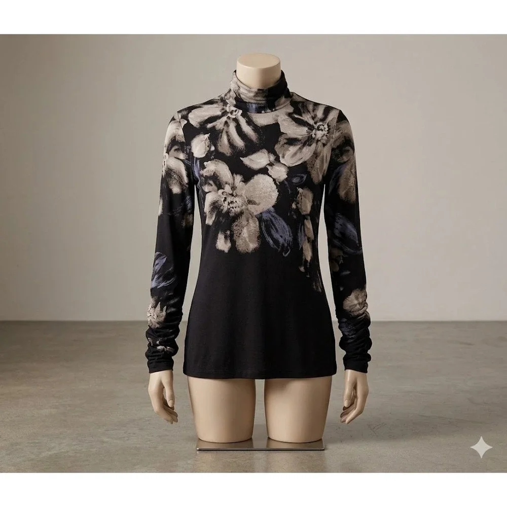 Susan Graver Mens Black Grey Floral Mock Neck Ruched Sleeve‎ Top XSP